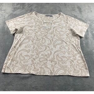 Coral Bay Plus Womens 1X Paisley Short Sleeve Split Neck Button Knit Top White